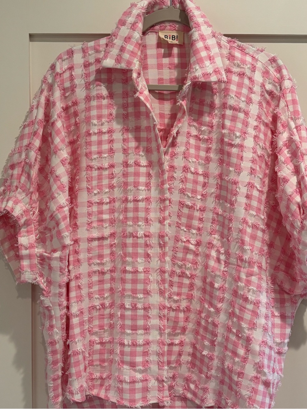 BiBi Pink Gingham Fringe Button-Front Casual Shirt